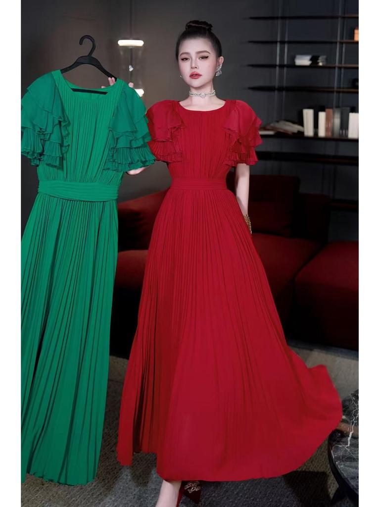 European Style Spring/Summer 2026 Women's Ruffle Short Sleeve Pleated Dress