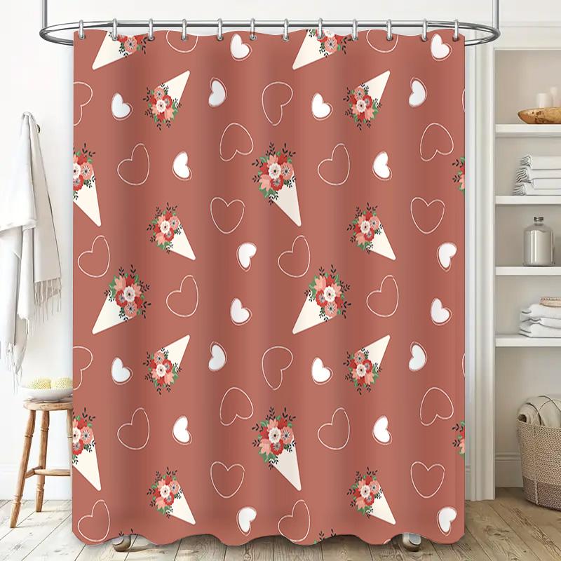 Modern Bathroom Decor: Floral Pattern Shower Curtain With White Hearts Cones Peach Pink Color For Home Bath Waterproof Fabric (2