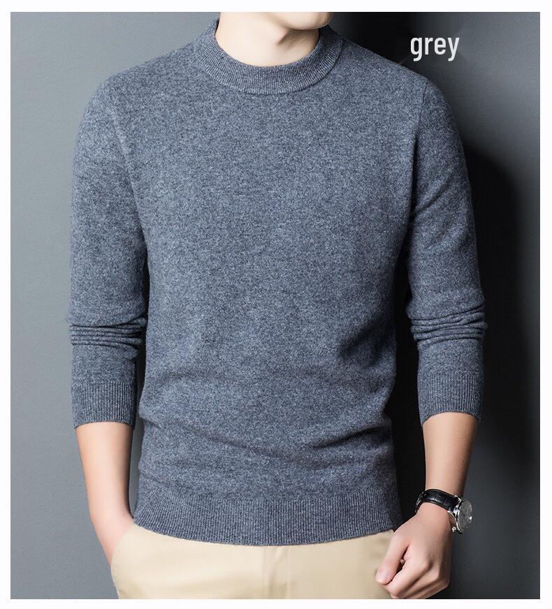 Men's Pure Wool Round Neck Base Layer Sweater - Solid Color Versatile Knitwear for Autumn/Winter