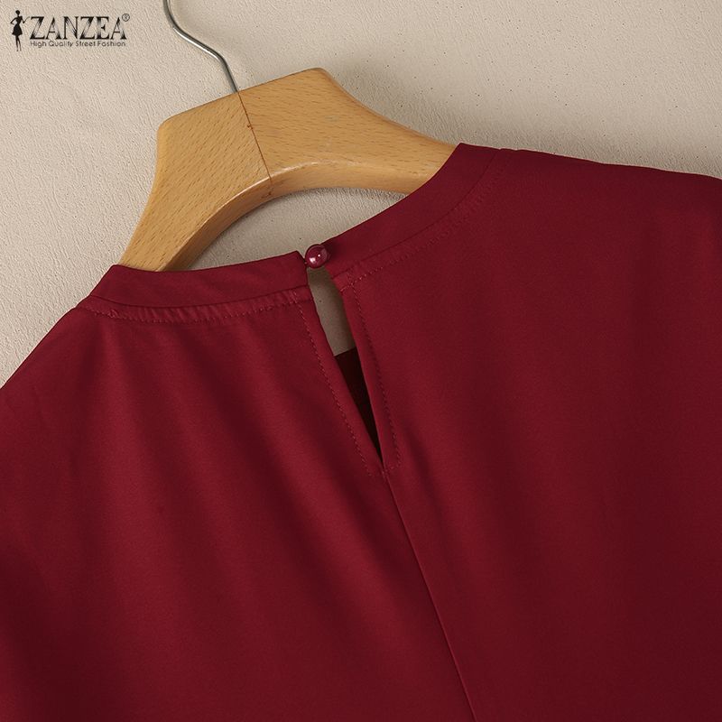 ZANZEA Women Casual Round Neck Short Sleeve Pleated Hem Summer Dress