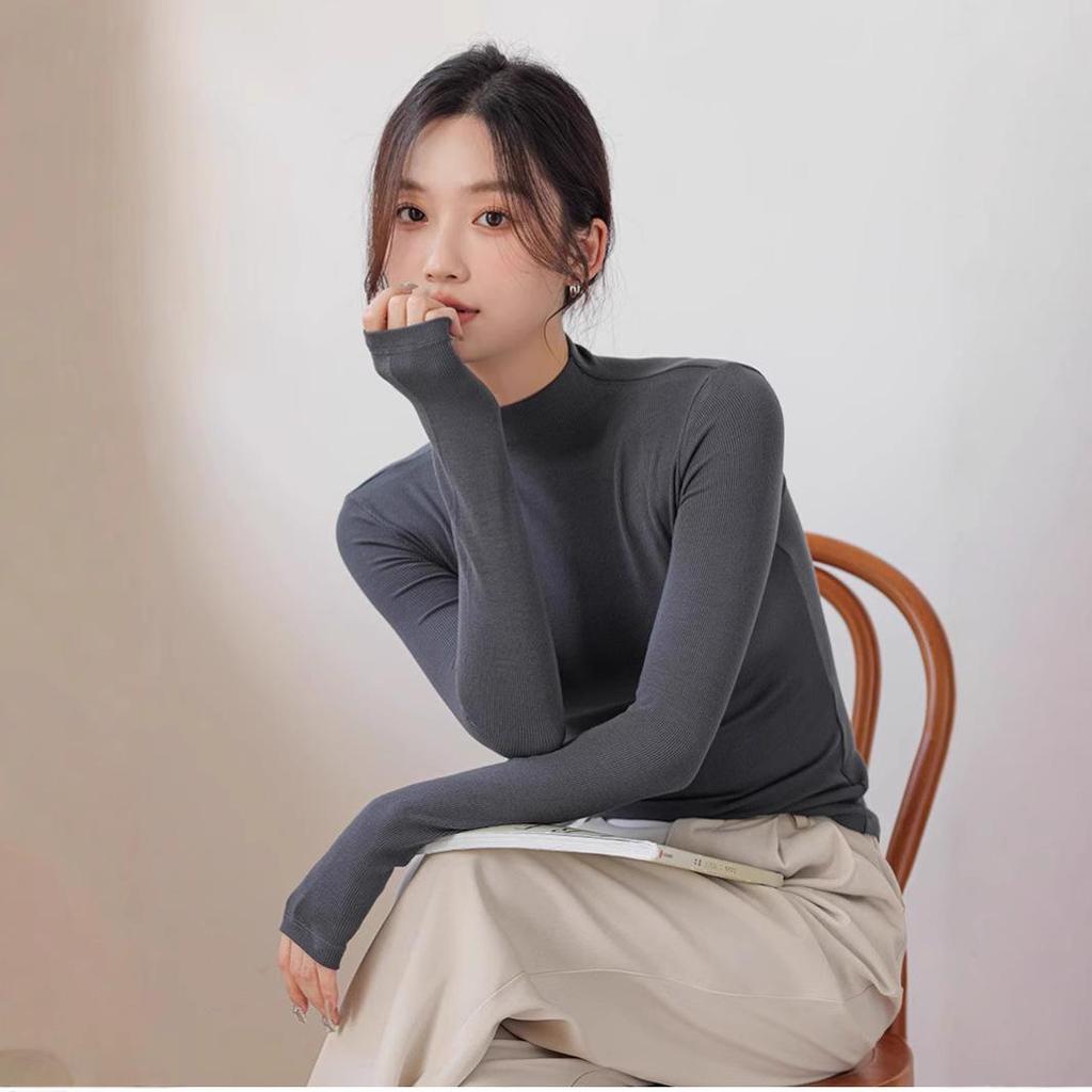 Černý modalový dámský přiléhavý top s polovičním rolákem a dlouhým rukávem, základní vrstva (2024 jaro/podzim/zima)