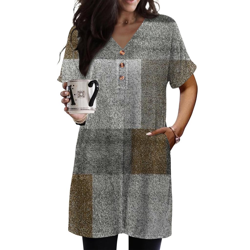 Women's Fashion Casual Short Sleeve Button V-Neck With Pocket Long Top