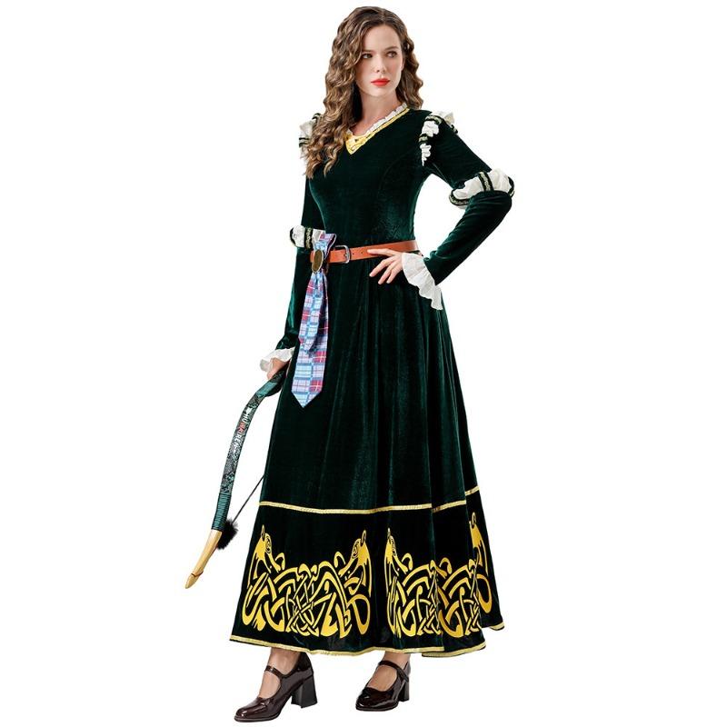 Halloween Costume Medieval Court Style, Retro Dark Green Dress Brave Legend Merida CO Cosplay