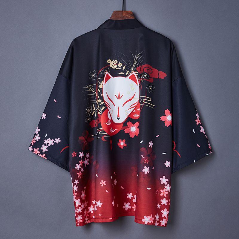 

Japan fashion Japanese Style Cosplay Peripheral Anime Kimono Cardigan Feather Woven Chinese Style Retro Creative Illustration Outerwear Tide Black Cherry White Fox 4XL