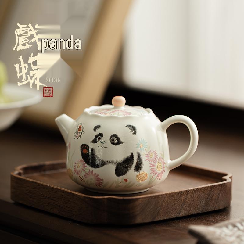 Panda & Butterfly Ceramic Teapot in Beige - Kung Fu Tea Set with Filter