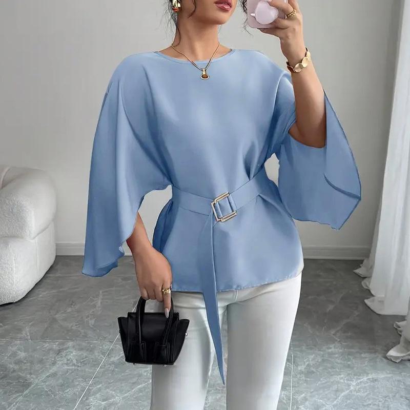 Spring Autumn Solid Belt Casual Loose Blouses Women's Blue Tops Elegant O-Neck Shirts Butterfly Sleeve Blouse Fashion Long Top