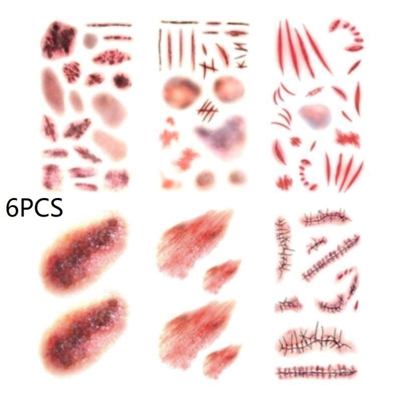 Realistic 3D Temporary Fake Scar Tattoo Stickers 6 Sheets Waterproof Wound Decals for Halloween Party Cosplay Prank