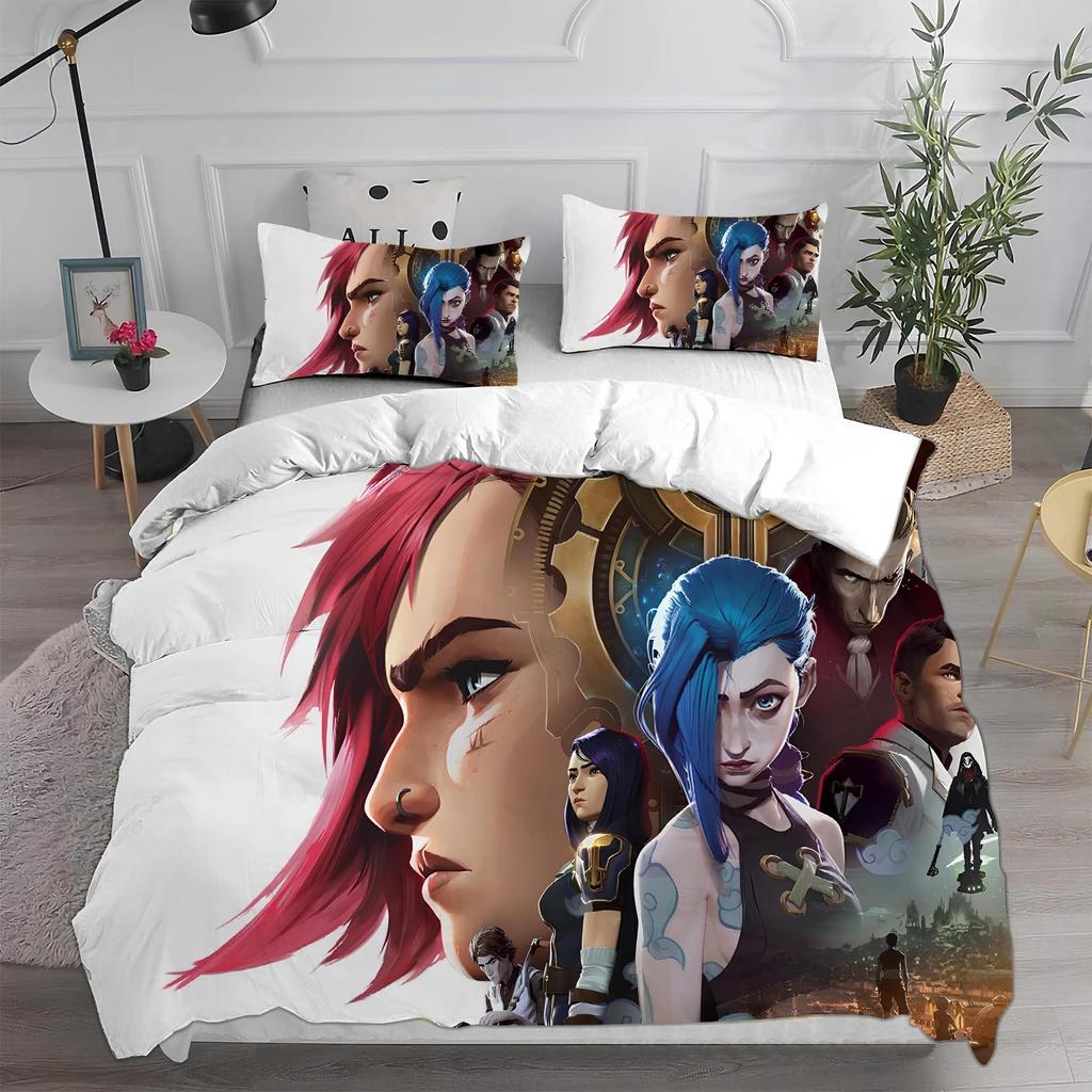 Arcane Jinx Vi Bedding Set, League of Legends Gamer Duvet Cover, Netflix Series Bedspread