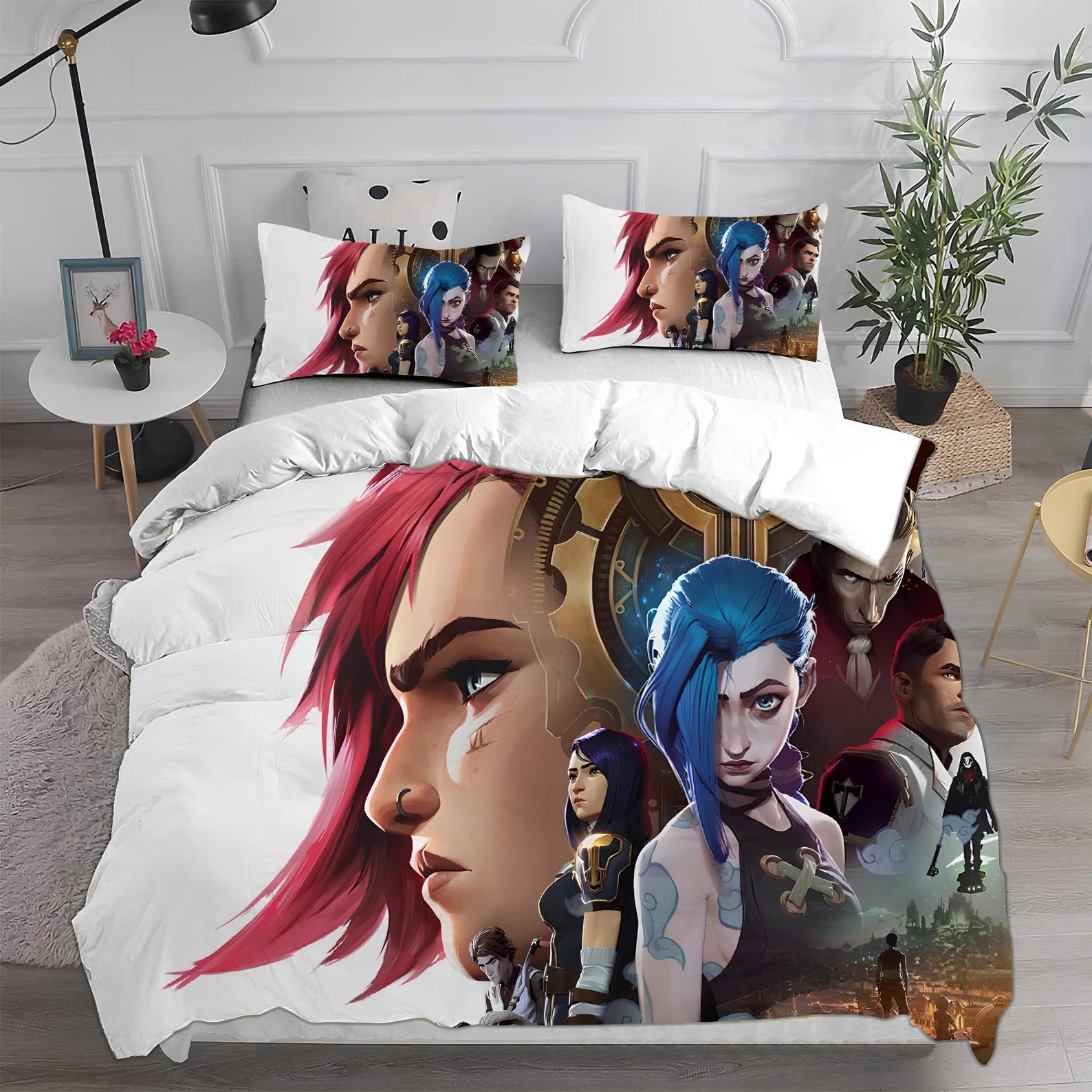 Arcane Jinx Vi Bedding Set, League of Legends Gamer Duvet Cover, Netflix Series Bedspread 135x200cm
