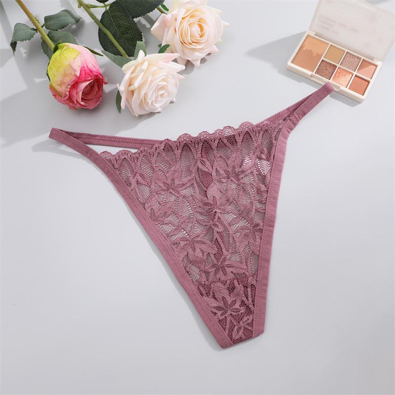 FINETOO Lace Thong For Women Sexy T-back Panty Solid Color Lingerie Floral Underwear
