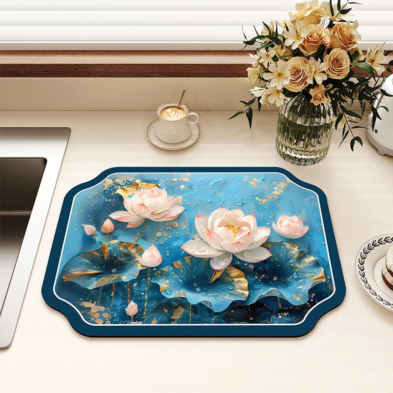 Chinese-Style Irregular Flower & Bird Diatom Mud Coffee Mat: Stain-Resistant, Easy-Clean, Non-Slip Kitchen Draining Mat