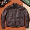 Vintage Biker Leather Jacket Mens Real Cowhide Slim Fit Stand Collar Retro Distressed Coat