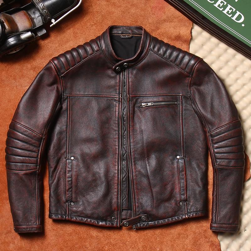 Vintage Biker Leather Jacket Mens Real Cowhide Slim Fit Stand Collar Retro Distressed Coat