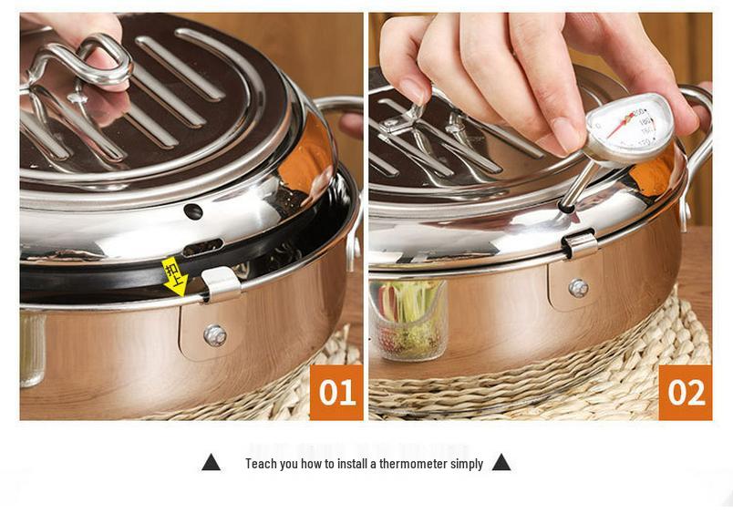 304 Stainless Steel Tempura Frying Pot with Double-Bottom, Oil-Saving, Temperature Control, and Thermometer for Gas and Induction Cookers
