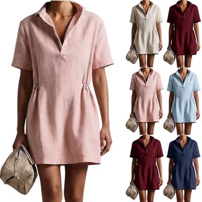 Women's Short Sleeve Collared Dress with Gathered Waist Cotton Linen Mini Length Casual Shirt Dress for Everyday Wear