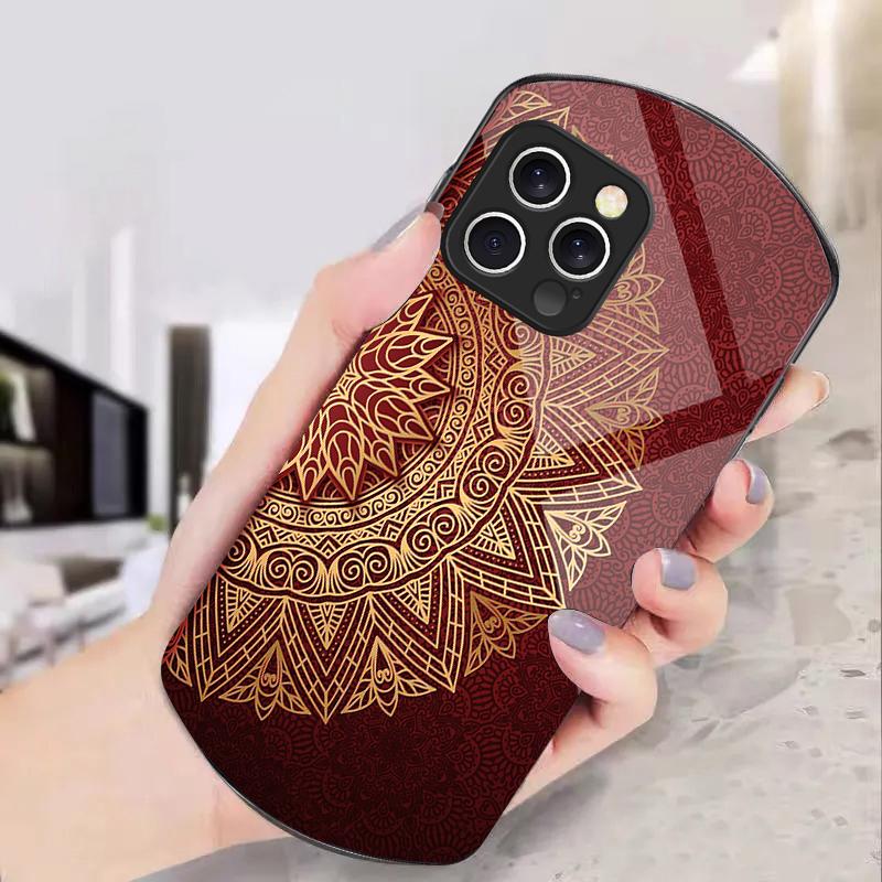 Golden Half Mandala For Iphone 11 12 13 14 15 16 Pro Max Plus Mini 7 8 Se 2020 X Xs Xr Elliptical Tempered Glass Phone Case