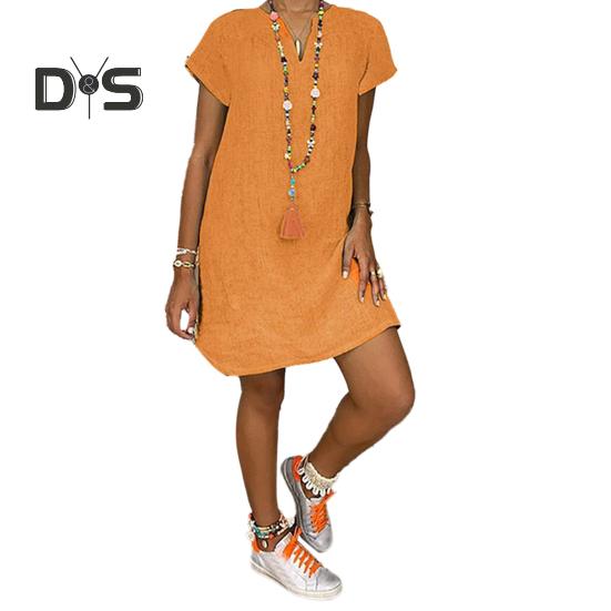 Letnia sukienka z dekoltem w kształcie litery V, rozcięciem, luźna, nieregularna, z krótkim rękawem, jednokolorowy sweter do kolan, na co dzień, na co dzień, sukienka Midi