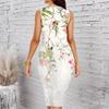 Women Plus Size Crew Neck Sleeveless Midi Dress Navy Blue Base White Cherry Blossom Branch Print Bodycon Dress