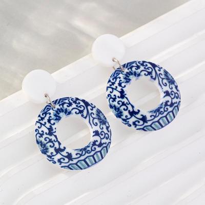 Elegant Women's Geometric Blue & White Porcelain-Style Silver Needle Earrings