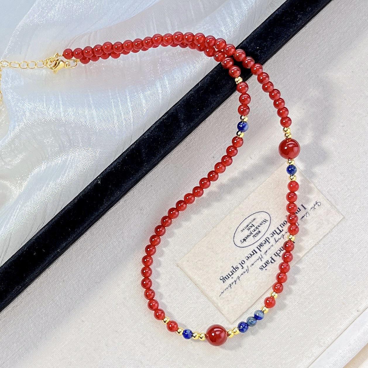 4Mm Natural Chalcedony Lapis Lazuli Clavicle Chain Necklace