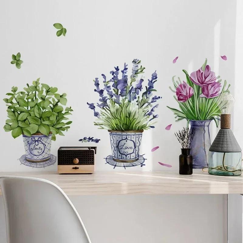 Watercolor Flower Pots Wall Sticker for Kitchen Home Decor Furniture Decoration Sticker for Living Room Decoration