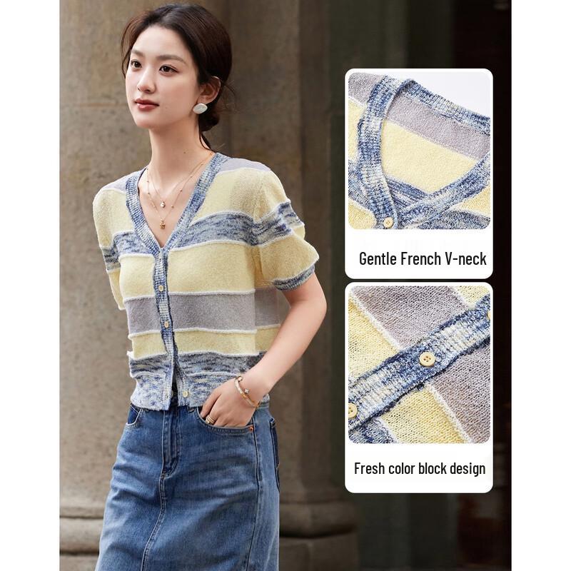 Demana Damen Sommer Petite V-Ausschnitt Color-Block Strick-Cardigan