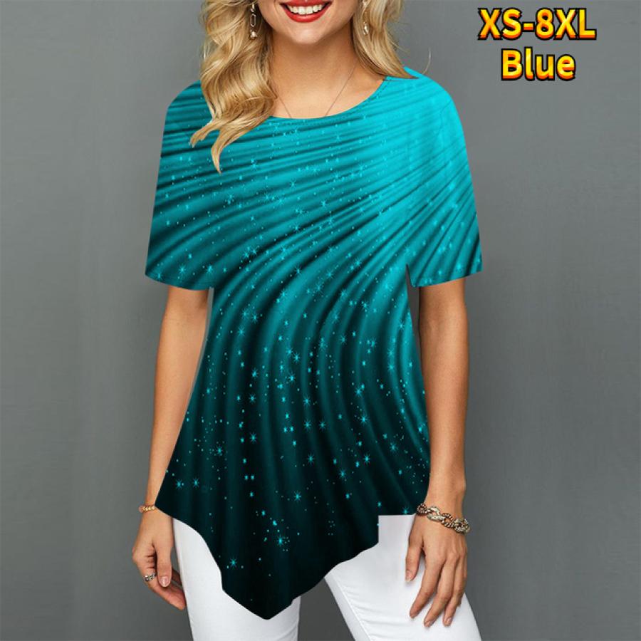 Damen Bedruckt Rundhals 3D Sternenhimmel Glänzend Kontraststreifen Trendy Luxuriös Spitzröcke Schwingend Kurzärmlig Damen S-8XL