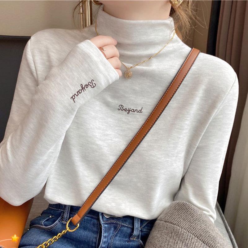 Dicker Samt Damen Langarm 2024 neuer Herbst- und Winterstil Weißer Rollkragen Innenliegendes Unterhemd Top