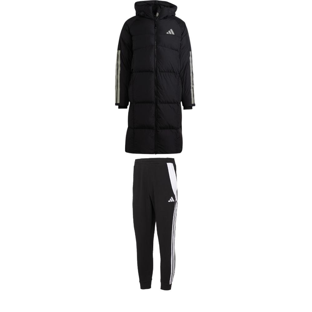 

Adidas Полосатая хлопковая куртка с капюшоном на молнии средней длины с манжетами из флиса со средней талией, повседневный спортивный комплект для мужчин, черный цвет JG3840+IP1976 S