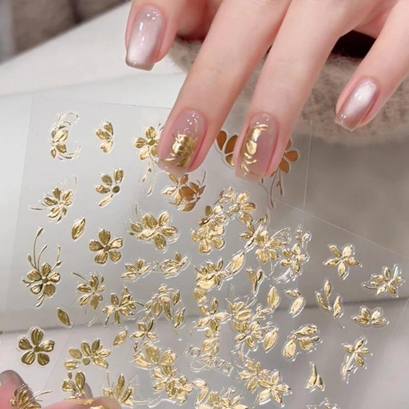 1 ark 3D roséguldfärgad blomma nagelkonst klistermärken ultratunna självhäftande guldfärg gör-det-själv dekaler manikyrdekoration
