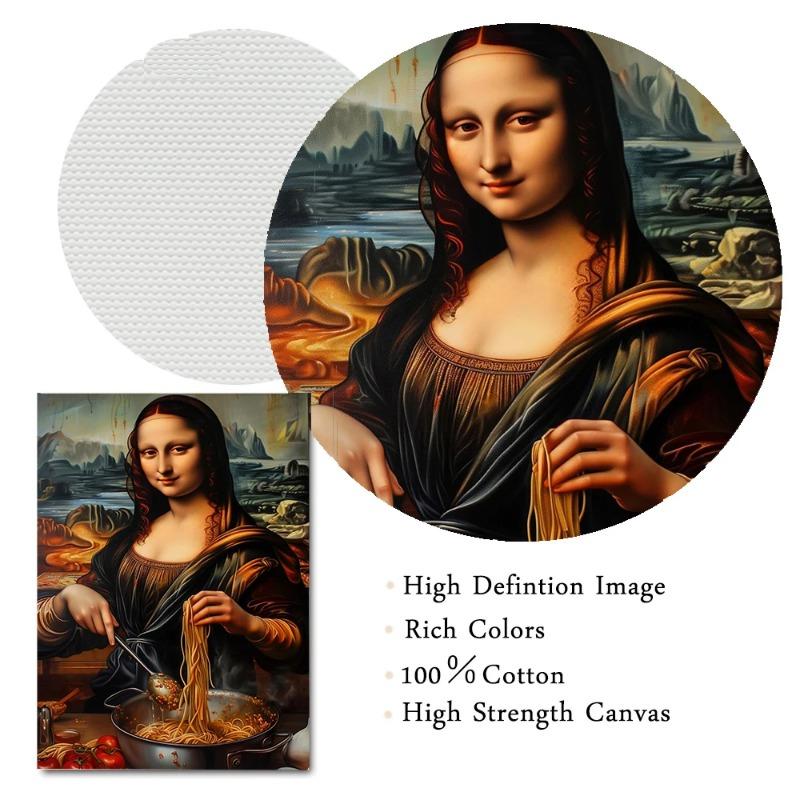 Divertente Monna Lisa con la cottura di spaghetti italiani, arte murale su tela, poster e stampe carini per la cucina, immagini di arredamento per la casa