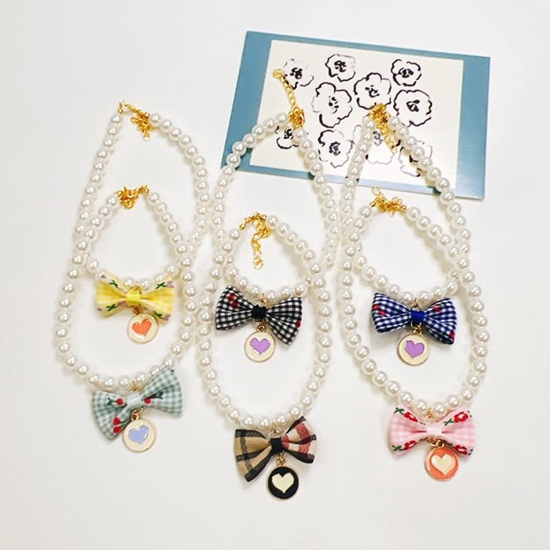 Pet Bowknot Adjustable Collar Cat Jewelry Pendant Princess Pearl Necklace Puppy Collar Decorative Dog Collar Accessories