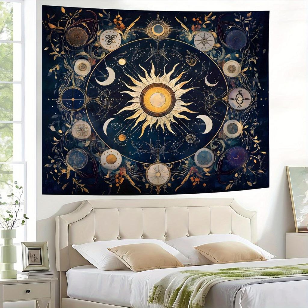 1pz Arazzo Mandala Sole e Luna Boemo - Tessuto in poliestere, lavabile in lavatrice, perfetto per la decorazione di camera da letto e soggiorno