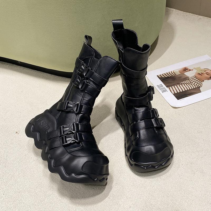 Fashion Women Chunky Mid-Calf Boots New Autumn Leather High Platform Round Toe Ladies Shoes Punk Buckle Motorcycle Boots Winter Sneakers
