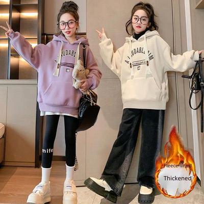 2024 Korean-Style Girls' Hooded Sweatshirts: Trendy, Plus Velvet, Warm Tops for Kids - Autumn & Winter Collection