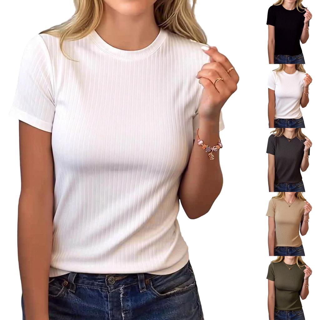 Women’s Casual Crew Neck Short Sleeve Pullover Top Ribbed Knit Lightweight Comfortable Shirt for Daily Wear