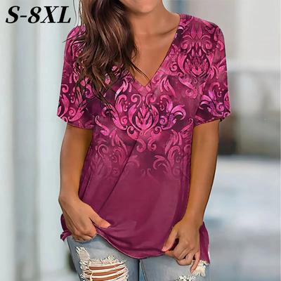 S-8XL Plus Size Fashion Ladies V Neck Fashion Short Sleeve T-Shirt Summer 3D Printed Floral Print Loose Tops Multiple Colors