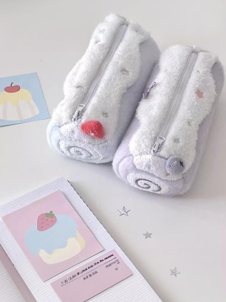 1 Peça Fofo Creme Rolo Suíço Macio Pelúcia Estojo para Lápis Zíper Grande Capacidade Estudante Escolar Saco de Armazenamento para Material