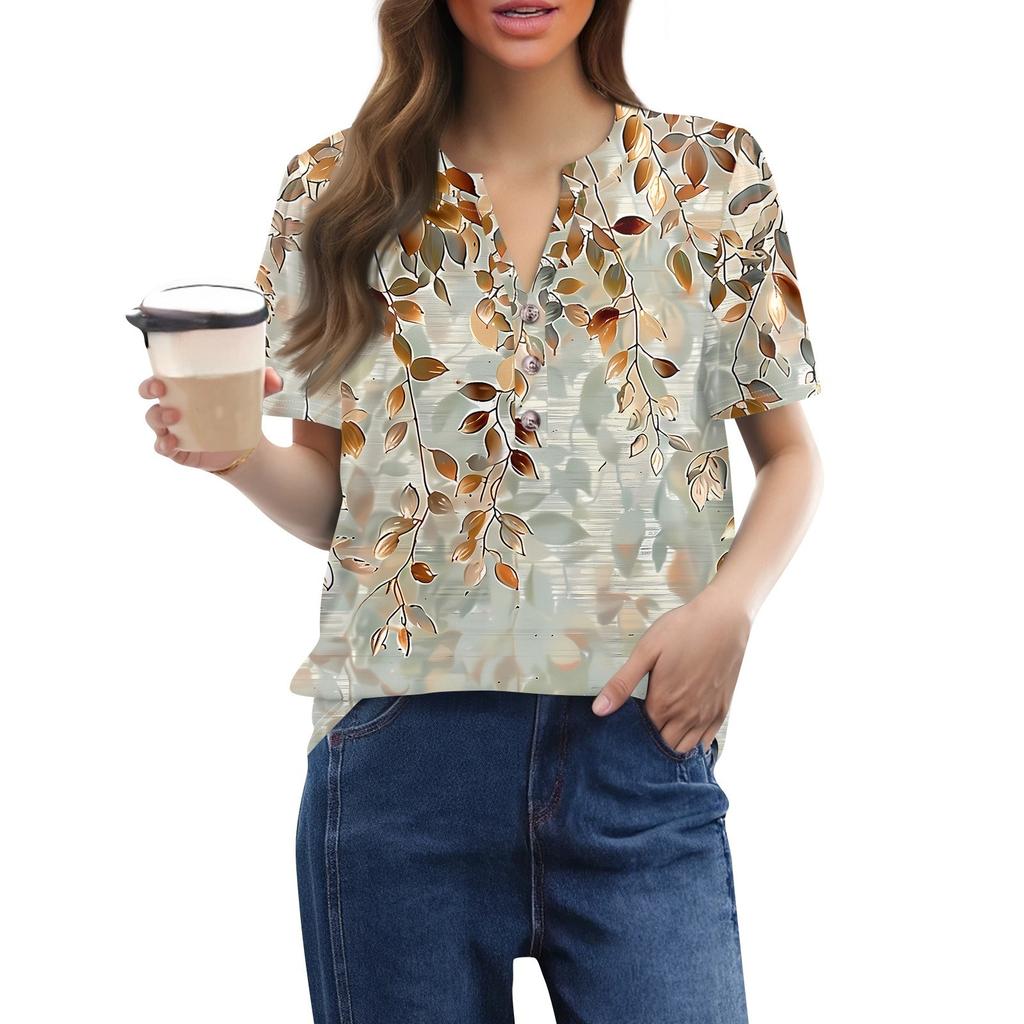 Women's Fashionable Casual Short Sleeve Button Print V-Neck Pullover Top