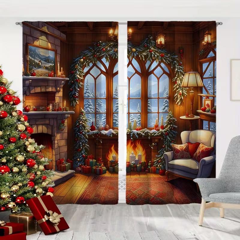 

2 Pcs Winter fireplace print curtains suitable for bedroom living room kitchen decoration home decoration window decoration 100*130 HOOK 1pcs