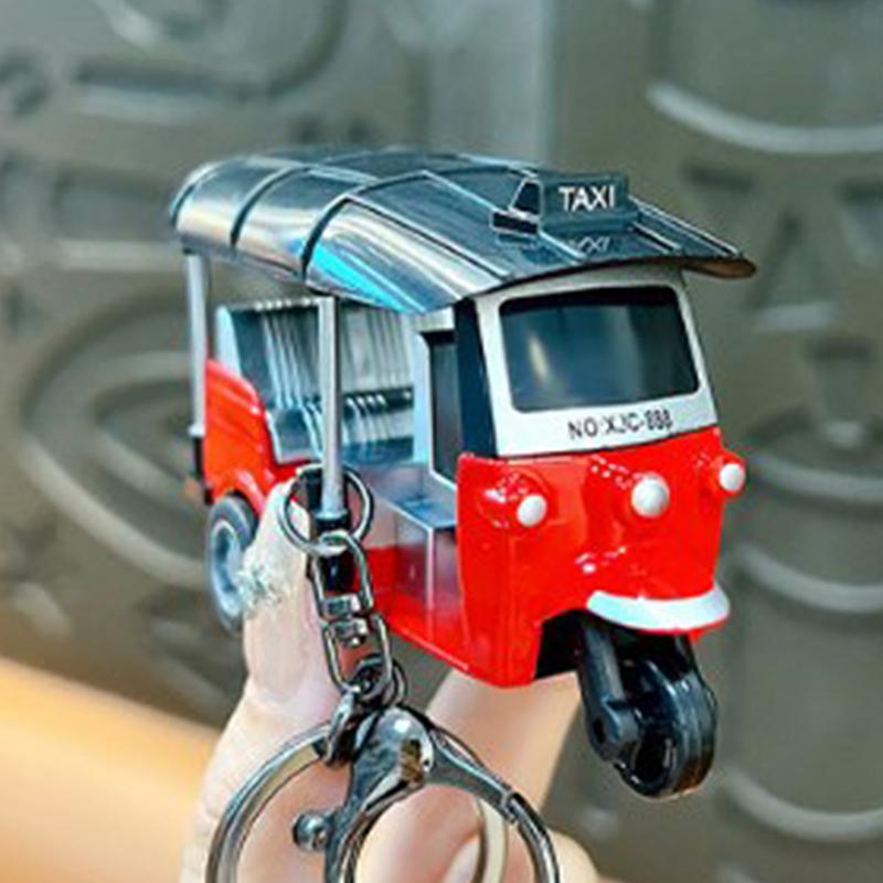 1Pc Three Wheeled Motorcycle Toy Tricycle Retro Simulation Model Keychain Diecast Autorickshaw Car Model Figure Toys For Kids