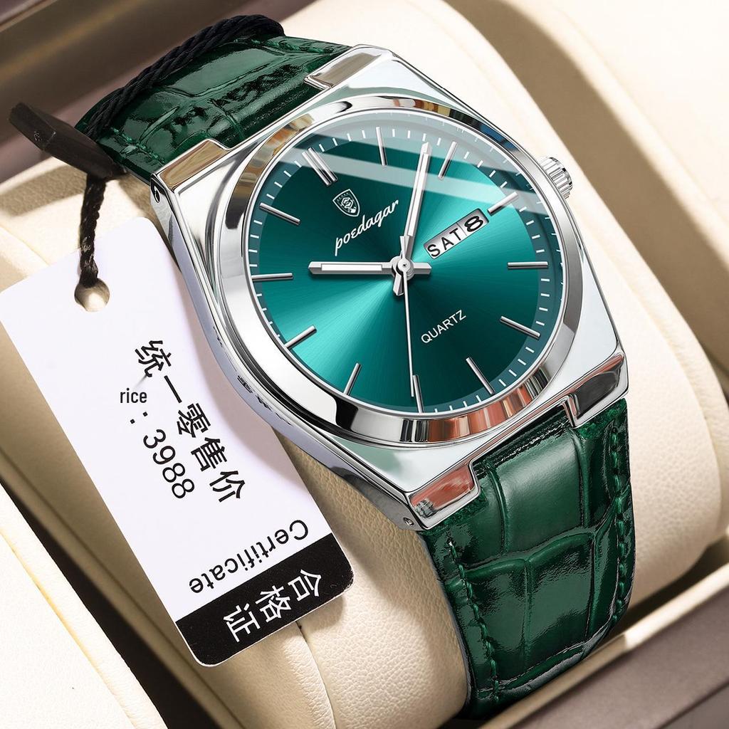POEDAGAR Men's Ultra-Thin Dual Calendar Quartz Watch with Leather Strap - Trendy Fashion Wristwatch