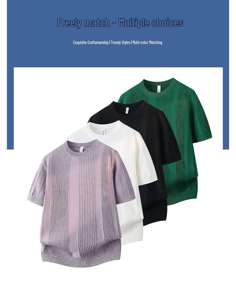 2026 Men's Slim Fit Vertical Stripe Ice Silk Round Neck T-Shirt