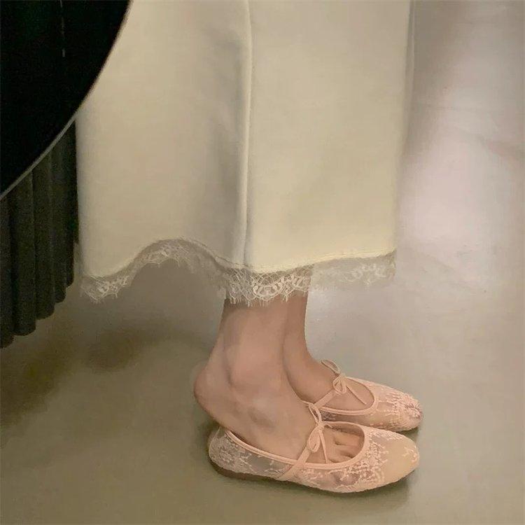 Damen Frühling Sommer Mary Jane Schuhe Ballerinas Atmungsaktives Mesh Stickerei Flats Süße Schleife Weibliche Tägliche Gehsandalen