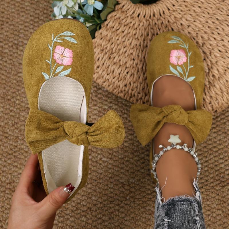 New Embroidered Bow Flat Mary Jane Single Shoes Women's Overfoot Lightweight Work Shoes