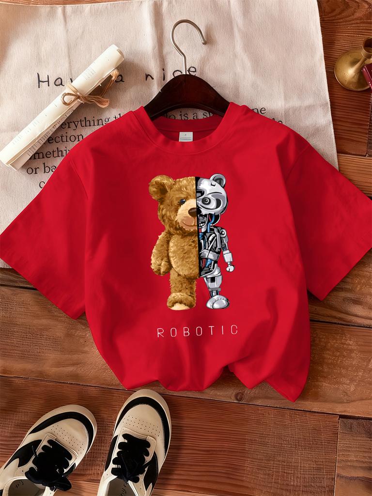 Plush And Robotic Bear Prints T-Shirts Women Casual Loose Short Sleeve Tops Soft O-Neck T Shirt Summer Comfortable Woman Clothes