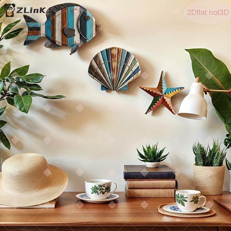 Colorful Wooden Sea Animal Wall Decor 3pcs Set Fish  Starfish Art for Kids Room Bathroom Nautical Theme