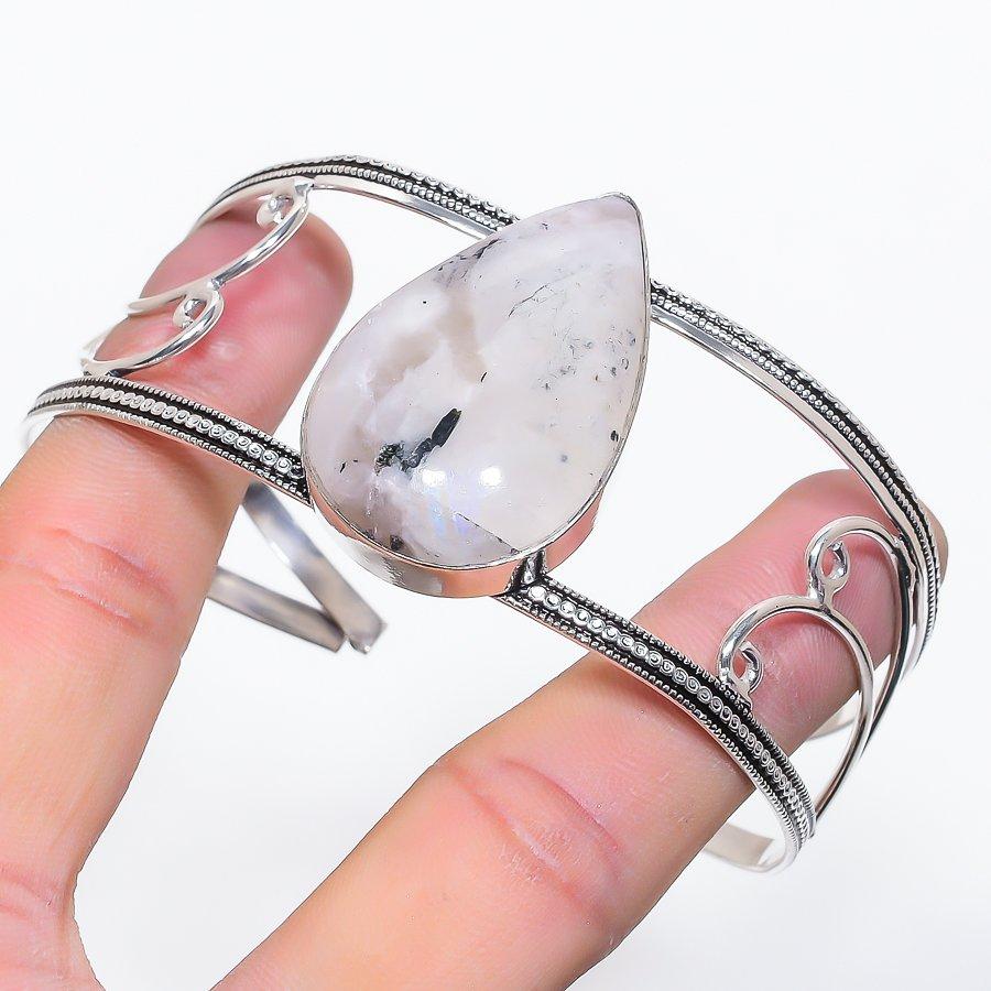 Natural Moonstone Gemstone 925 Sterling Silver Cuff Bangle Adjustable o8O97