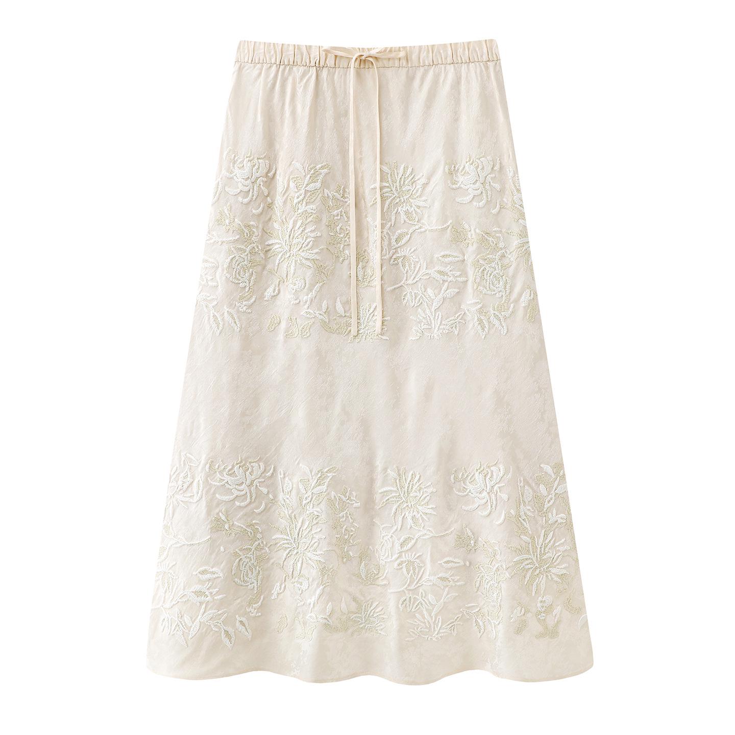 Spring 2026 Women s Sweet Lace Floral Embroidery A-Line Skirt with Drawstring Small белый