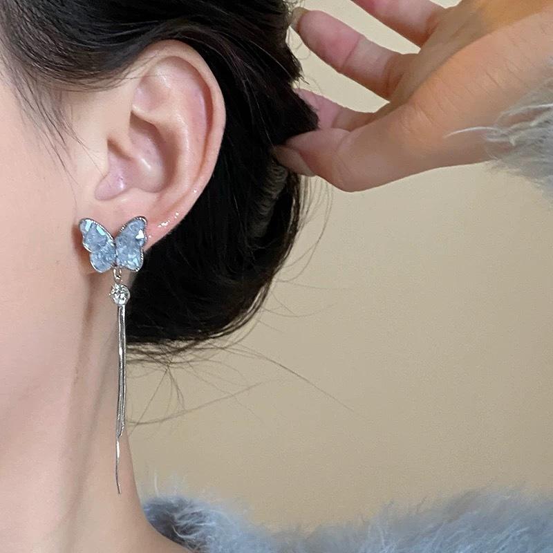 Super fairy new blue fringed butterfly earrings for women's explosive high-end gentle earrings exquisite versatile earrings wholesale